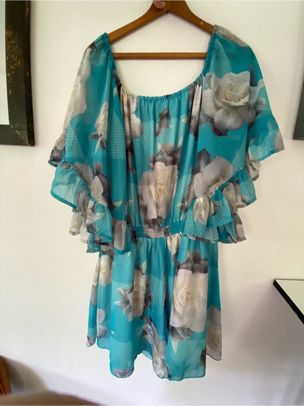 Hula tease hawaii Turquoise Floral Off-Shoulder Ruffle Women's romper